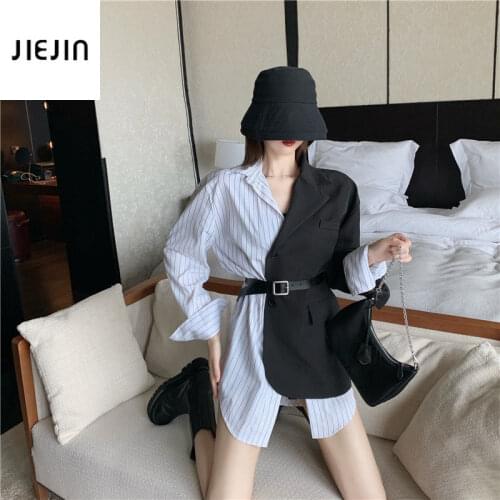 Stitching Suit Coat Women 2021 Casual Stripe Blouse Blazer Sashes Female Suit Jacket with Belt Long Sleeve Blaser New Suit Top