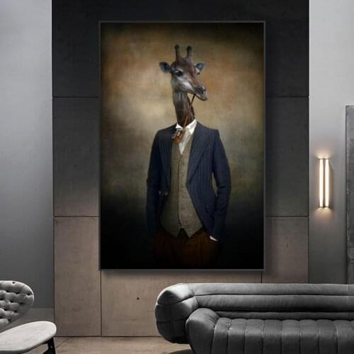 Giraffe in a Suit Canvas Paintings On the Wall Art Animals Posters And Prints Smoking Giraffe Canvas Pictures For Living Room