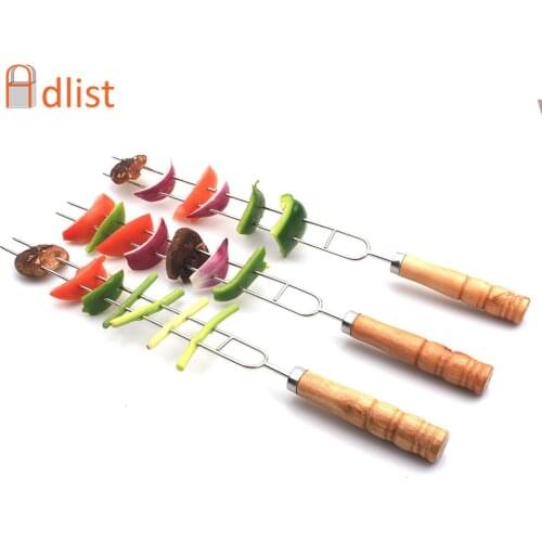 16.5'' (42cm) Wood BBQ Skewers U shape Stainless steel Barbecue Skewers Flat BBQ Needle Grill Kebob Sticks BBQ Accessories 4pcs