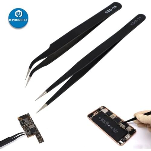 2PCS Stainless Steel Anti-static Tweezers Cell Phone Logic Board Repair Precision Curved Straight Tweezers Maintenance Tool