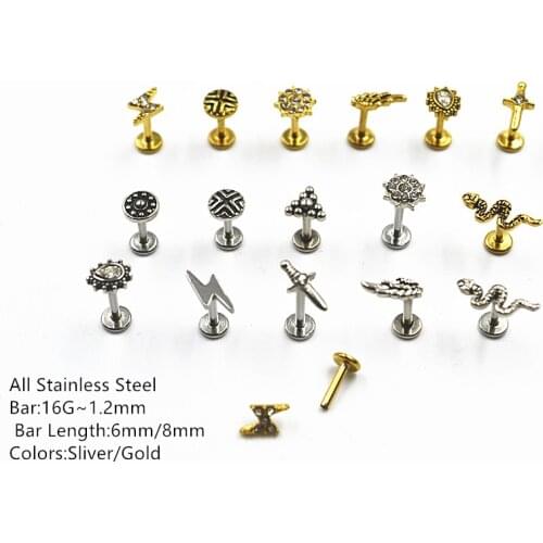 50pcs/Lot Body Jewelry 16GX6/8MM Snake Surgical Steel Lip Bar piercing Labret ring Ear Helix Cartilage Stud New Hot