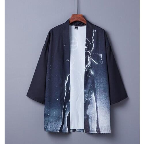 #5024 Summer Printed Jacket Men Open Stitch Harajuku Streetwear Kimono Mens Coats And Jackets Loose Thin Sunscreen Jacket Black