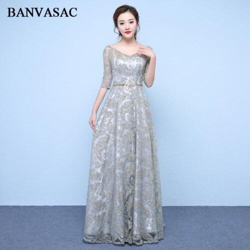 BANVASAC 2018 V Neck Sequined Embroidery A Line Long Evening Dresses Lace Half Sleeve Party Crystal Sash Prom Gowns