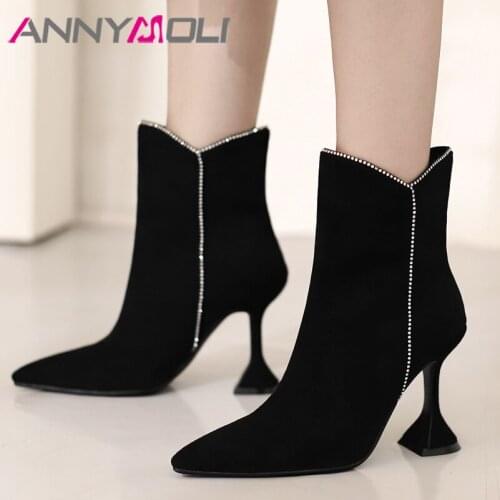 ANNYMOLI Women Shoes Winter Ankle Boots Super High Heel Pointed Toe Boots Strange Style Ladies Sexy Short Boots Purple Size 43