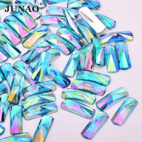 JUNAO 6x16mm Aqua Blue AB Crystal Flat Back Rhinestones Applique Acrylic Gems Glue On Rectangle Stones Scrapbook Strass for DIY