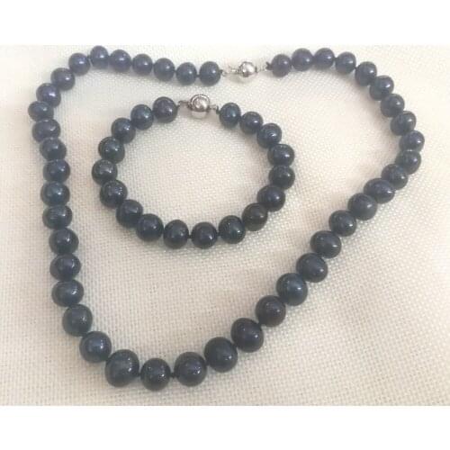 Women Jewelry set 11X12mm black colors natural pearl necklace bracelet AAA Cultured freshwater pearl 17'' 43cm