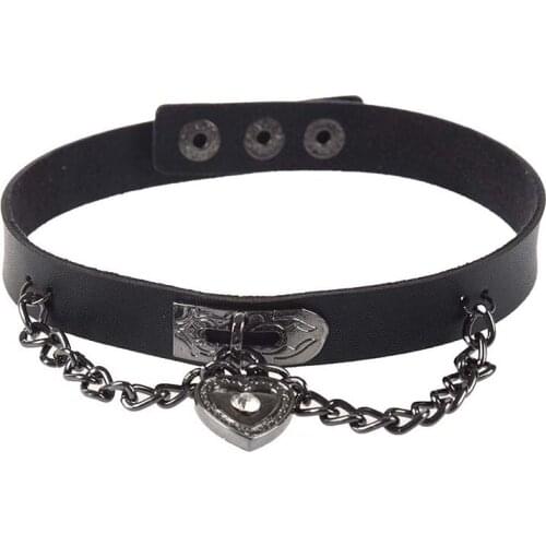 Leather heart pendant chain necklace Gothic Lolita Punk Choker Black