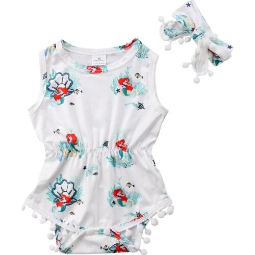 Summer Newborn Baby Girl Sleeveless Mermaid Cartoon Tassel Ball Princess Romper Jumpsuit Headband 2PCS Oufits Sunsuit Clothes