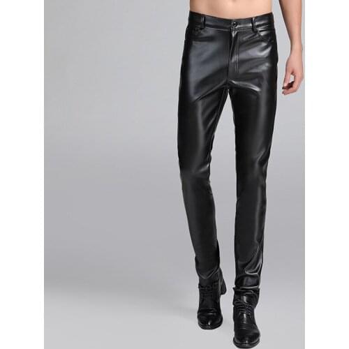 2021 Mens Tight Leather Pants Youth Slim-Fitting Ankle-Tied Motorcycle Pu Thick Trousers