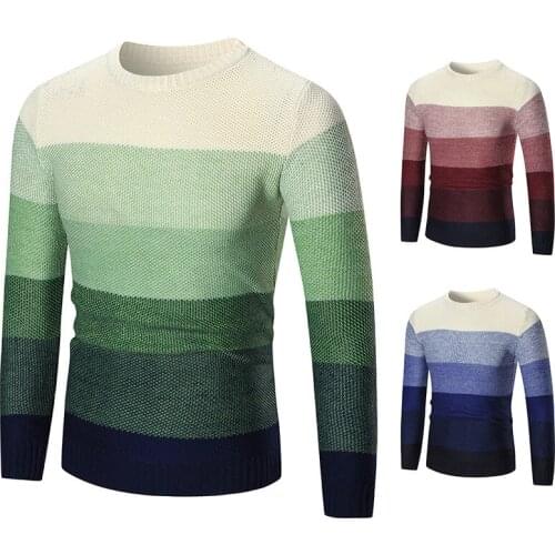 Mens Sweater Long Sleeve Round Neck Striped Pullover Sweater Casual Color Matching Slim Tops