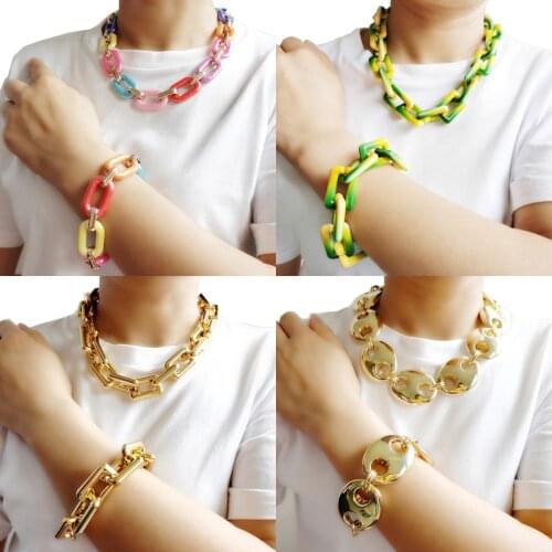 Bohemian Punk Acrylic Chain Necklace And Bracelet Set Fashion Hot Selling Colorful Choker Collar Jewelry Set For Women Gift