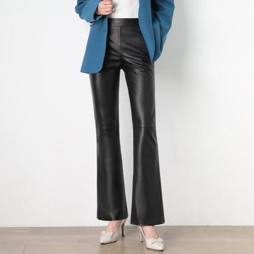 Genuine Sheepskin Leather Pants for Women Spring Autumn Womens Trousers Female High Waist Flare Pants Pantalon Mujer Zjt2406