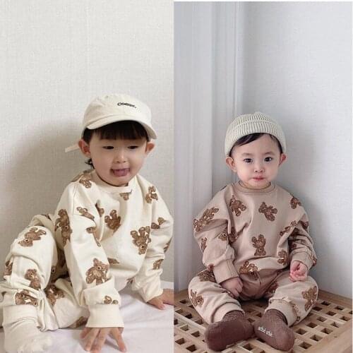 2021 Autumn New Children Long Sleeve Sweatshirt Set Baby Boy Bear Print Clothes Set Kids Girls Casual Pants Suit Toddler Outfits