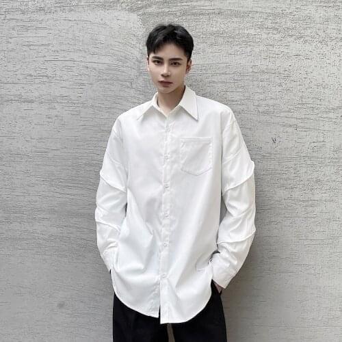 2021 dark streetwear hip-hop long-sleeved shirt male Korean loose solid color shirt Pure Blouse Top Streetwear Camisa masculina