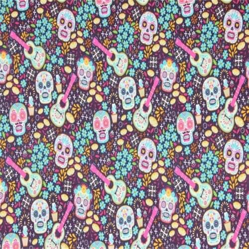 Sugar Skull Flowers Guitar Printed 100% Cotton Fabric for Girl Clothes Bedding Set Hometextile Cushion Cover Backpack DIY