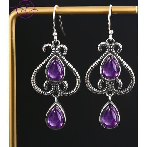 925 Sterling Silver Pear Shape 6X9MM Natural Amethyst Earrings Fashion Ethnic Earrings Party Jewelry Wholesale