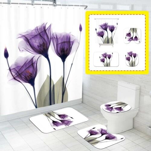 Tulip Lotus Flowers Trees Shower Curtain with Hooks Floral Bath Mat Sets Non-Slip Pedestal Rug Toilet Cover Carpet Home Decor