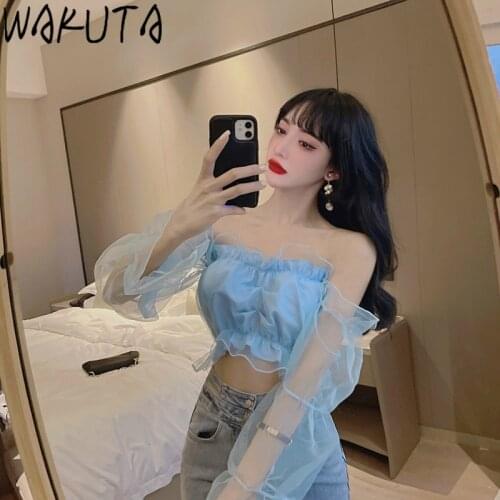 WAKUTA Sexy Slash Neck Long Sleeve Crooped T Shirt Women Patchwork Mesh Strapless Tops Female Korean Fashion Summer White Blue