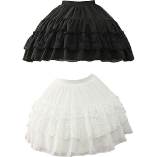 Women 2 Hoops Petticoat Skirt Floral Lace Patchwork Ruffles Lolita Underskirt E15E