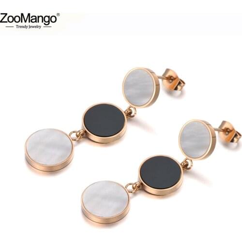 ZooMango Fashion Stainless Steel 3Pcs Disc Dangle Earrings For Women Girls White Shell & Black Acrylic Bohemia Earrings ZE19183