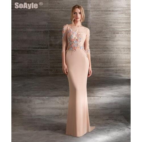 SoAyle Elegant 3/4 sleeve Evening Dress O-Neck Lace Flowers Beaded Pink Elasticity Prom Party Gown Sexy Back Godmother Dresses