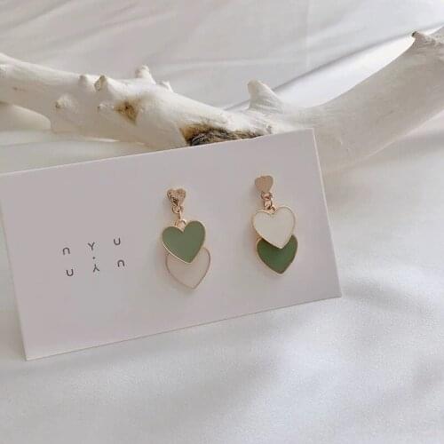 1Pair Fashion Jewelry Earrings Delicate Design Double Heart White Green Dangle Drop Earrings For Women Girl Student Party Gifts