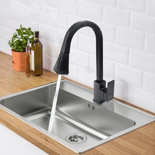 14.7 inch Black Square brass pull out kitchen sink faucet Rotatable kitchen Cold and hot mixer faucet with two functions spray