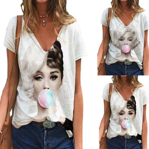 3D Cute Person Print Sexy V Neck Women Tshirt 2021 Summer New Casual Loose Short Sleeve Harajuku Ladies Large Size Tee