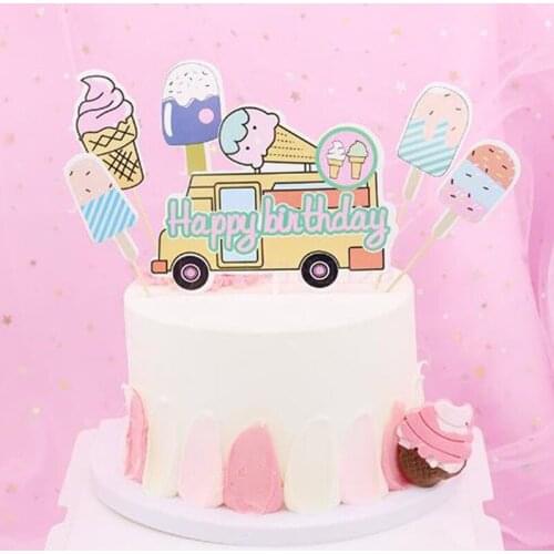 6Pcs/Set Cartoon Ice Cream Car Plug-in Flag Summer Style Birthday Party Cake Toppers Dessert Table Cake Insert Decorations