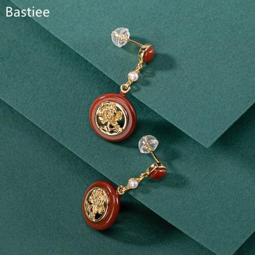 Bastiee Silver 925 Jewelry 925 Sterling Silver Earrings Dangle Earrings Vintage Korean Earrings Golden Plated Red Agate