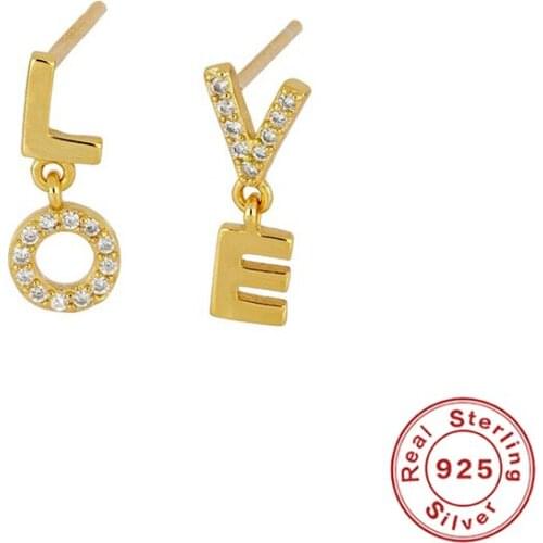 BOAKO 925 Sterling Silver LOVE Letter Mismatched Stud Earrings White CZ Crystal Alphabet Charm Ear Stud Valentines Gift For Her