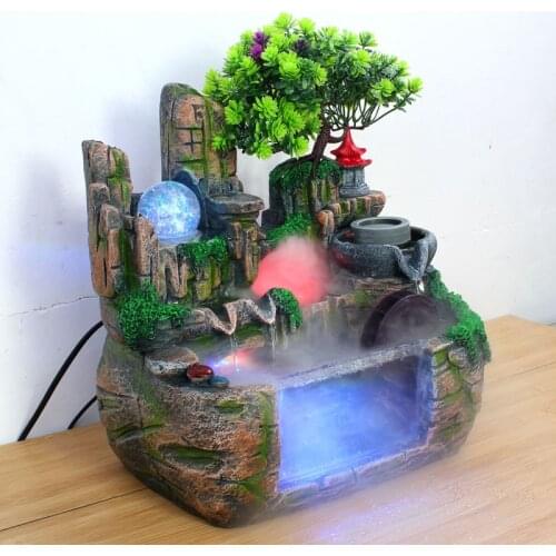 Large Waterfall Desktop Fountain with Color Changing LED Lighting Zen Living Room Water Fountain Simulation Resin Rockery Craft