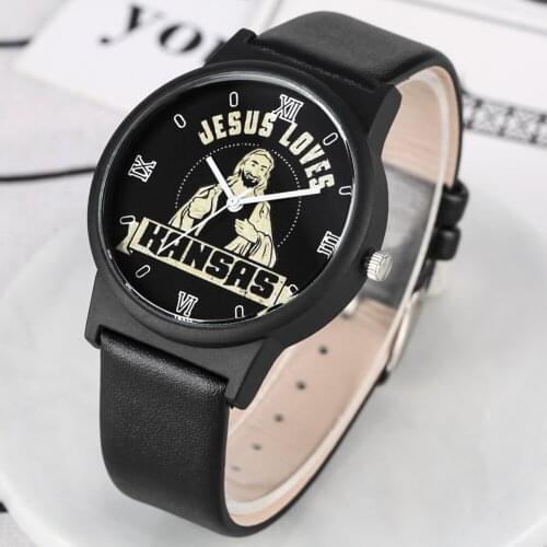 Craetive Jesus Loves Series Watch for Men Casual Black Leather Strap Quartz Watches for Women Special Large Dial Wristwatch Gift