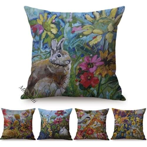 Spring Flowers Style Pillow Case Rabbit Bird Multicolor Vintage Oil Painting Art Decoration Back Garden Sofa Chair Cushion Cover