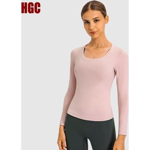 HGC Yoga Blouse Women Long Sleeve Autumn And Winter Naked-feel Fabric Leisure Sports T-shirt Female Elastic Sexy Gym Fitness Top