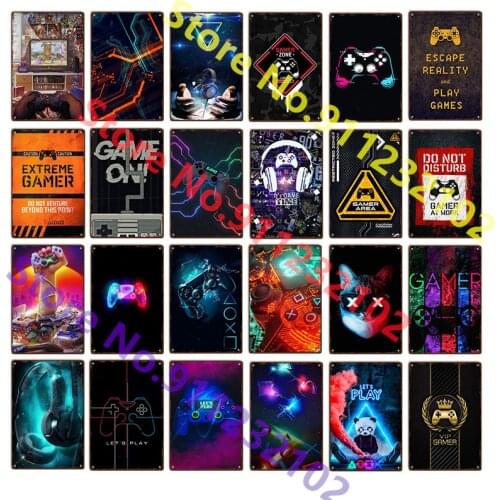 Play Game Vintage Game Area Tin Signs Boy Gaming Room Iron Painting Wall Decor Art Wall Plate Poster Wall Plaque