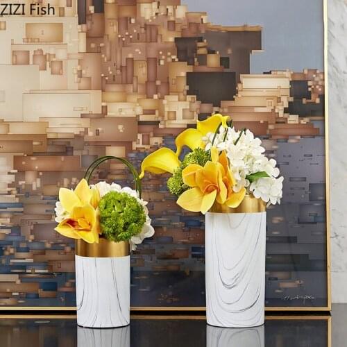 White Marble Texture Ceramic Vase Artificial Flowers Flower Arrangement Desk Decor Vases Home Decoration Accessories Modern