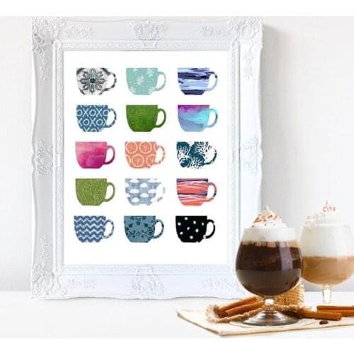 Coffee Art Multi Color Coffee Cups Art Print Cafe Kitchen Wall Art Canvas Painting Picture Espresso Coffee Poster Wall Decor