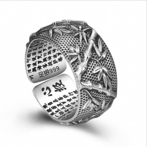 New S999 sterling silver Thai silver jewelry retro delicate rich bamboo scripture ring womans silver ring mans silver ring