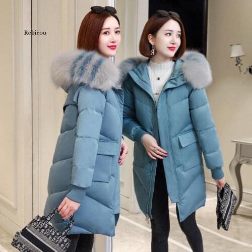 Mid-Length Cotton-Padded Jacket Women Winter Fashion New Big Fur Collar Hooded Long-Sleeved Thick Warm Coat Trend
