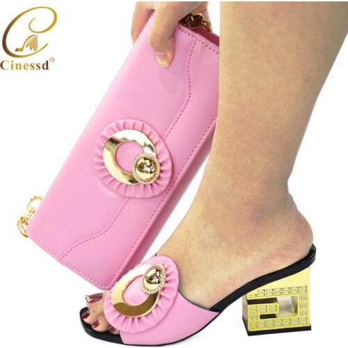 Hot Selling African Shoes And Bag Set Nigerian Design Matching Shoes And Bag Set Italian For Wedding Party in Pink Color