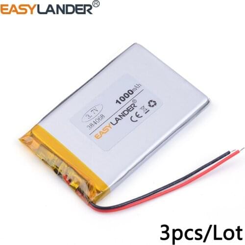 3pcs /Lot 3.7v lithium Li ion polymer rechargeable battery 384068 1000mAh for MP4 MP5 GPS toys battery