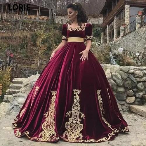 LORIE Burgundy Ball Gown Kaftan Evening Dresses Short Sleeve Caftan Marocain Prom Party Dresses Gold Lace Appliqued Velvet Gowns