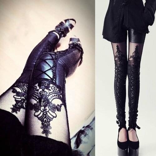 Fashion Sexy Woman Stitching Lace Stretch Skinny Leg Faux Leather Leggings Women Pants Punk Autumn Skinny Pant