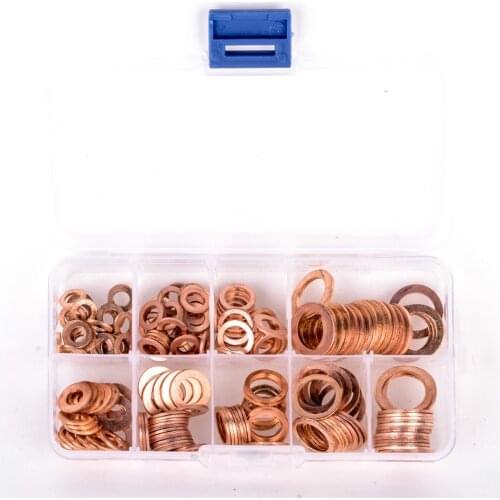 200pcs Copper Washer Gasket Set Flat Ring Seal Assortment Kit with Box M5-M14 For Hardware Accessories