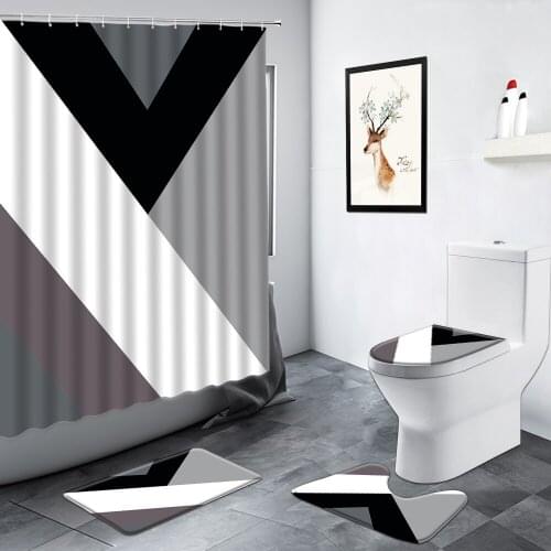 Geometric Shower Curtain Set Creative Black White Gray Pattern Bathroom Decor Carpet Non-slip Door Rug Toilet Lid Cover Bath Mat