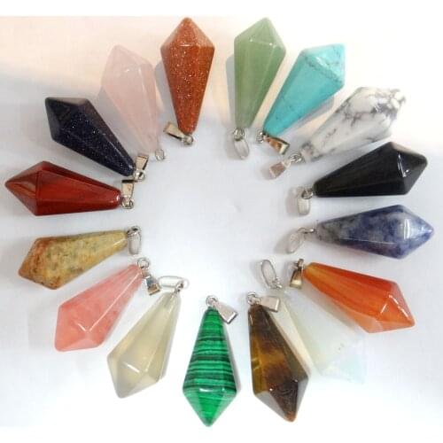 Natural stone Quartz Crystal tiger eye lapis Turquoises pendulum Hexagonal pyramid pendant for diy Jewelry making necklace 24pcs