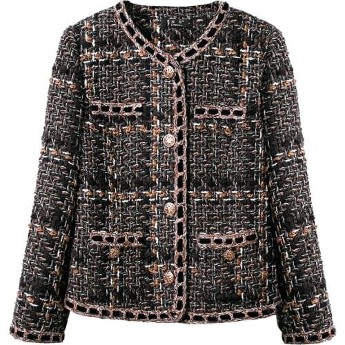 Small Fragrance Classic Tweed Coat 2021 Autumn Winter Female Khaki Woven Tweed Slim Plaid Single-Breasted Short Jacket Coats