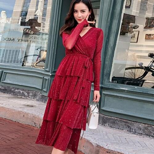New Women Spring Autumn Dress Long Sleeve Elegant Summer Party Maxi Dress Ladies Fashion V-Neck Vintage Cascading Ruffle Dresses