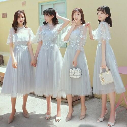 Bridesmaids Dresses Illusion Boat Neck A-Line Embroidery Knee-Length Lace Tulle Off The Shoulder Women Wedding Party Gown E221